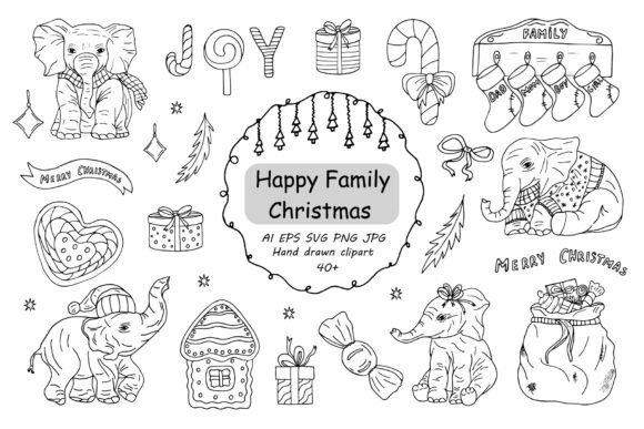 Happy Family Christmas Doodle Clipart for Embroidery Projects